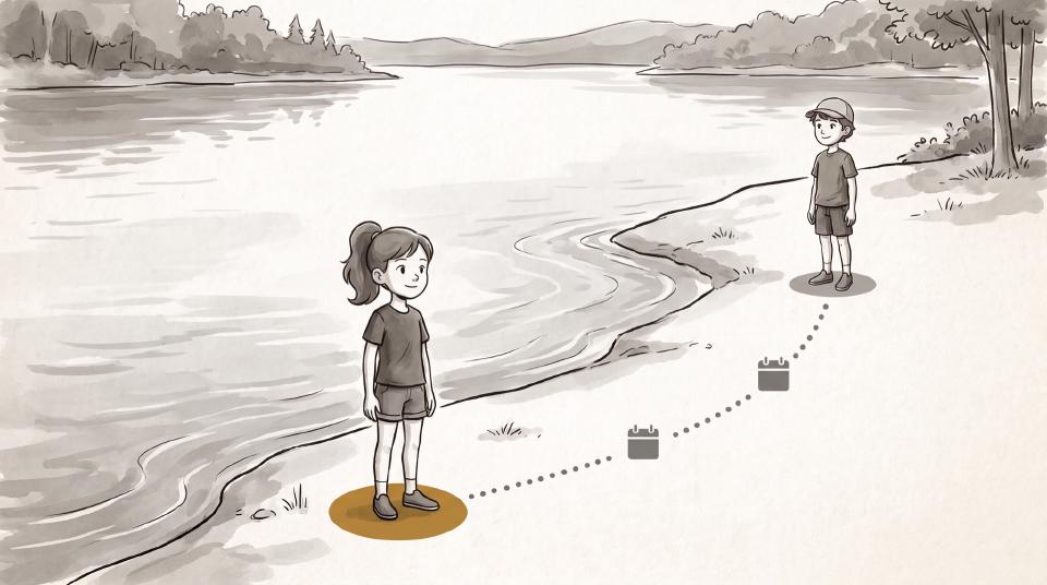 Dessin : deux enfants se tiennent à des endroits différents du bord du lac, reliés par un trait en pointillés portant deux symboles de calendrier ; l'endroit au premier plan est marqué d'une tache couleur ambre.