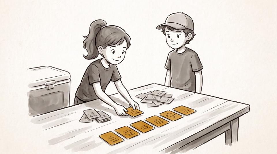 Dessin : deux enfants trient des cartes sur une table à côté de la glacière ; six cartes couleur ambre sont déjà alignées, la fille en tient une septième à la main pour la placer, et deux piles séparées de cartes grises non marquées sont posées à côté.